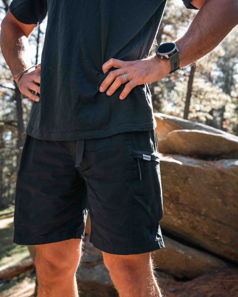MARINE|O Merino Wool Walkshorts - flat lay view, natural merino wool fabric detail